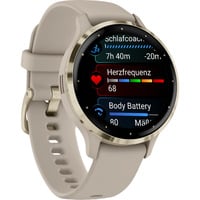 Garmin Venu 3S, Smartwatch beige/gold, 41 mm, schwarzes Silikon-Armband
