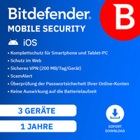 BitDefender Mobile Security for iOS, Sicherheit, Utilities, Kommunikation-Software Deutsch, Chinesisch, Englisch, Französisch, Italienisch, Niederländisch, Polnisch, Schwedisch, Spanisch, Türkisch, Mehrsprachig, 3 Lizenzen, 1 Jahr